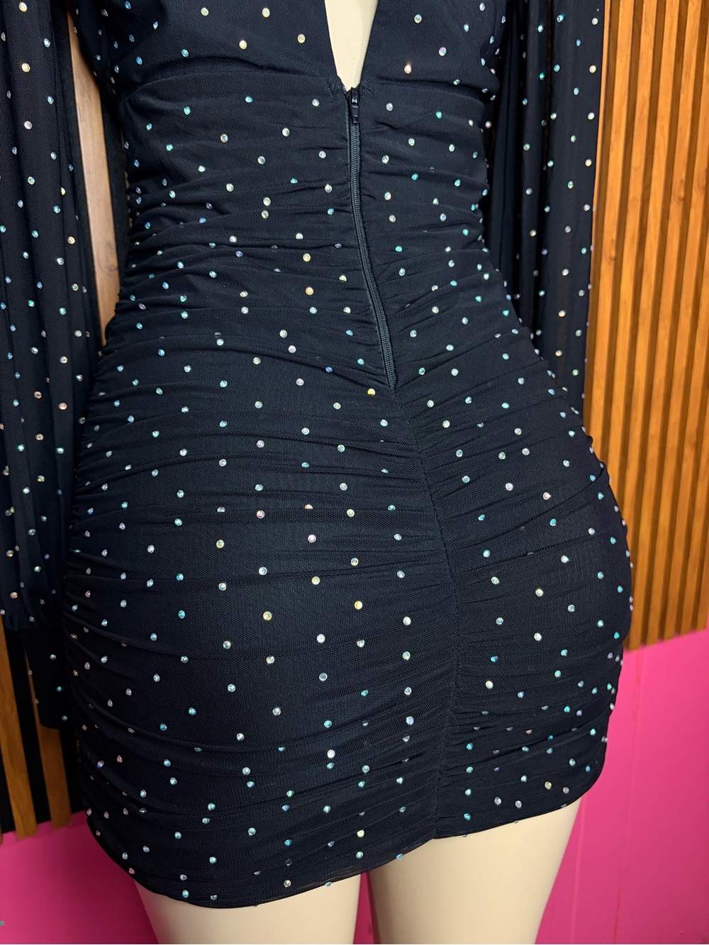 Source Unknown Black Ruched Mini Dress with Multicolor Dots